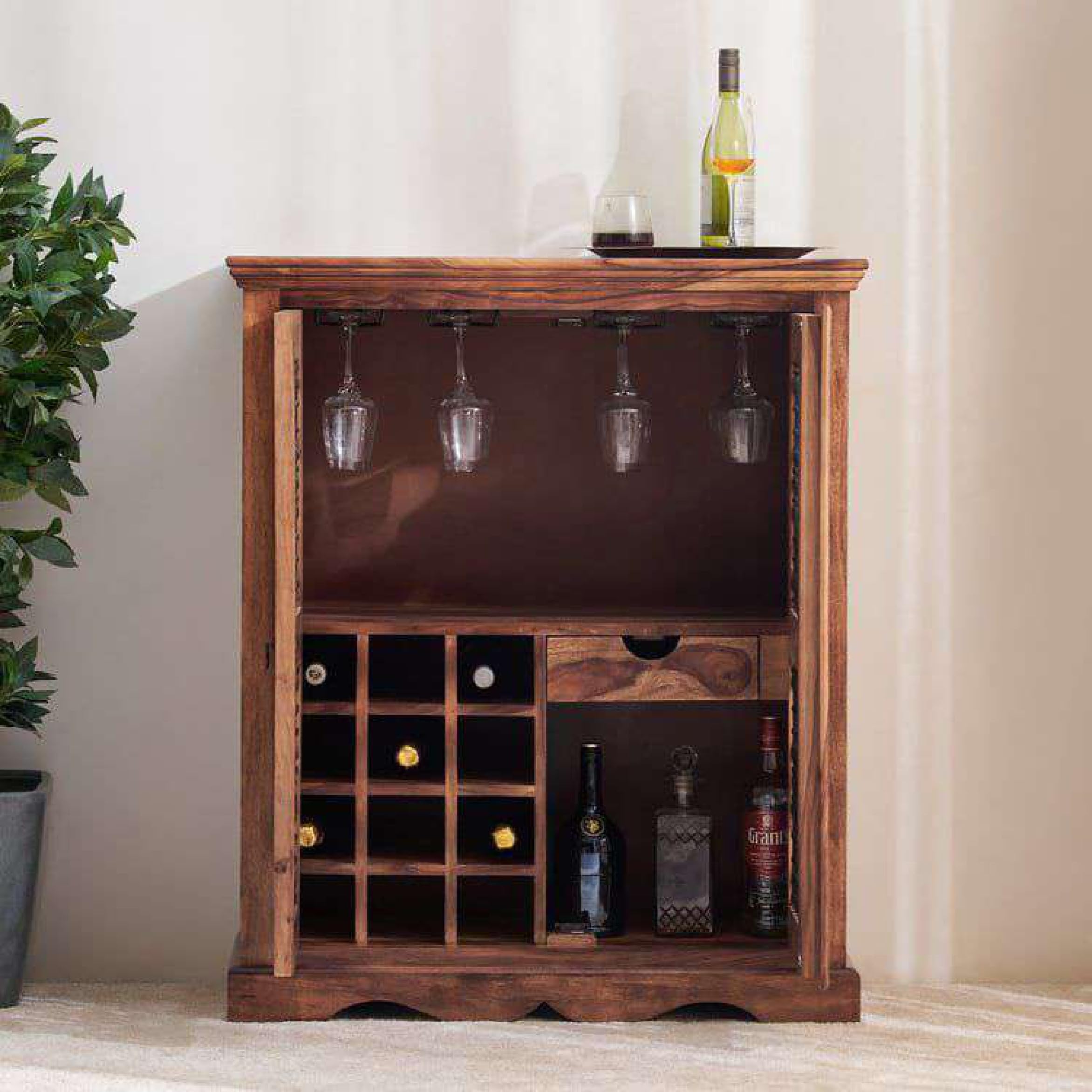 81FxMp33iOL.jpg TreeWalley Sheesham Wood Bar Cabinet with Metal Grill Doors & Glass Holder - Image 1