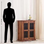 TreeWalley Sheesham Wood Bar Cabinet with Metal Grill Doors & Glass Holder - Image 2