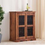 TreeWalley Sheesham Wood Bar Cabinet with Metal Grill Doors & Glass Holder - Image 3