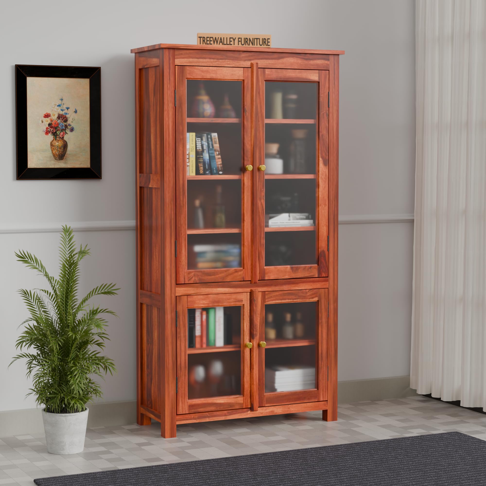 81UdEpQdOoL.jpg TreeWalley Solid Sheesham Wood Crockery Cabinet with 4 Acrylic Glass Doors - Image 1
