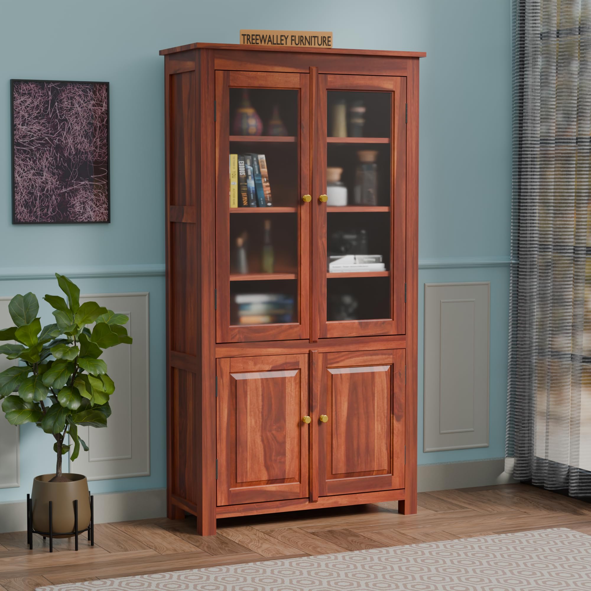 81b9YvFprdL.jpg TreeWalley Solid Sheesham Wood Crockery Cabinet with 2 Acrylic Glass Doors - Image 1