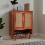 Solid Sheesham Wood Shoe Storage Cabinet with Natural Cane Doors