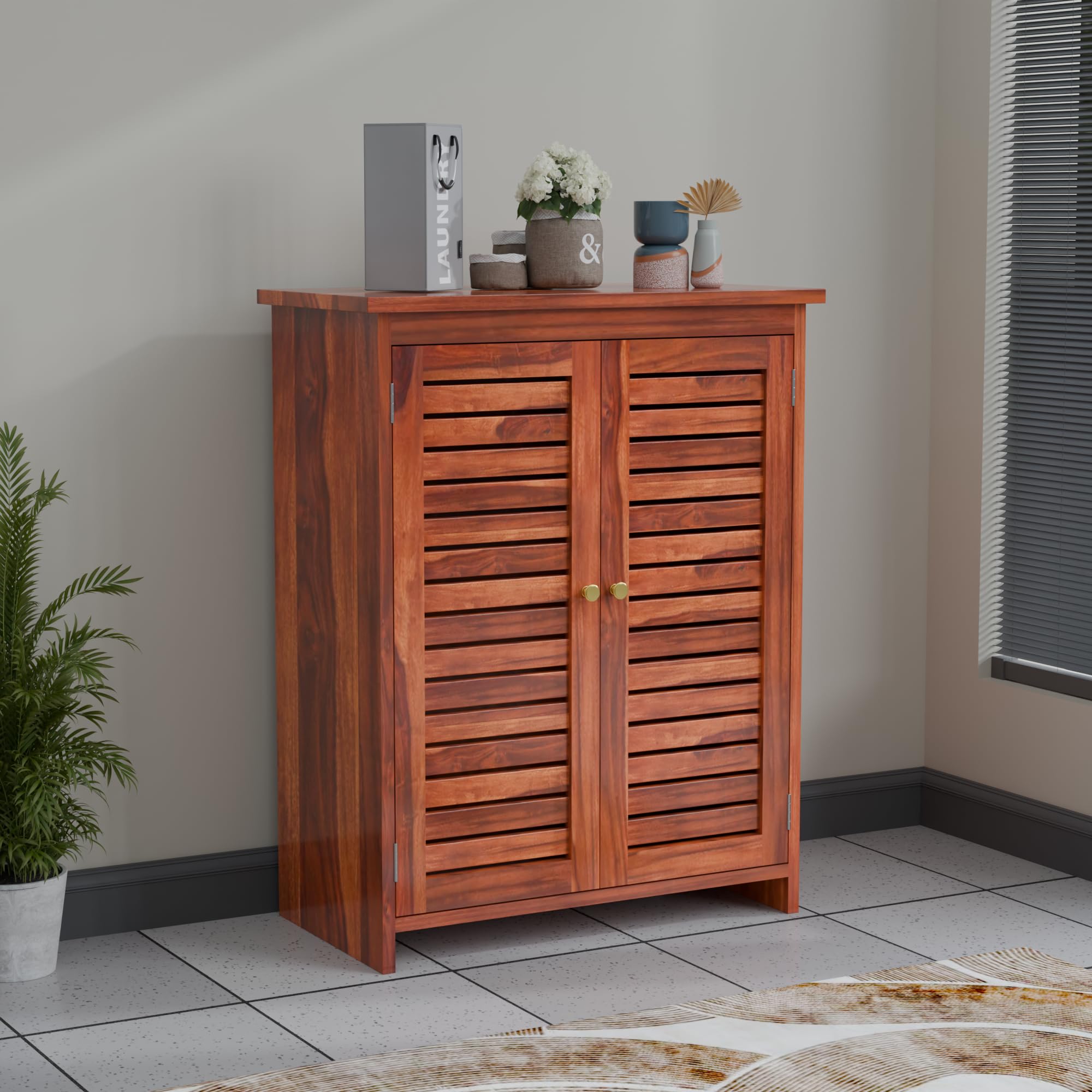 81ZCUd-jElL.jpg TreeWalley Solid Sheesham Wood Shoe Cabinet with Louvered Doors - Image 1
