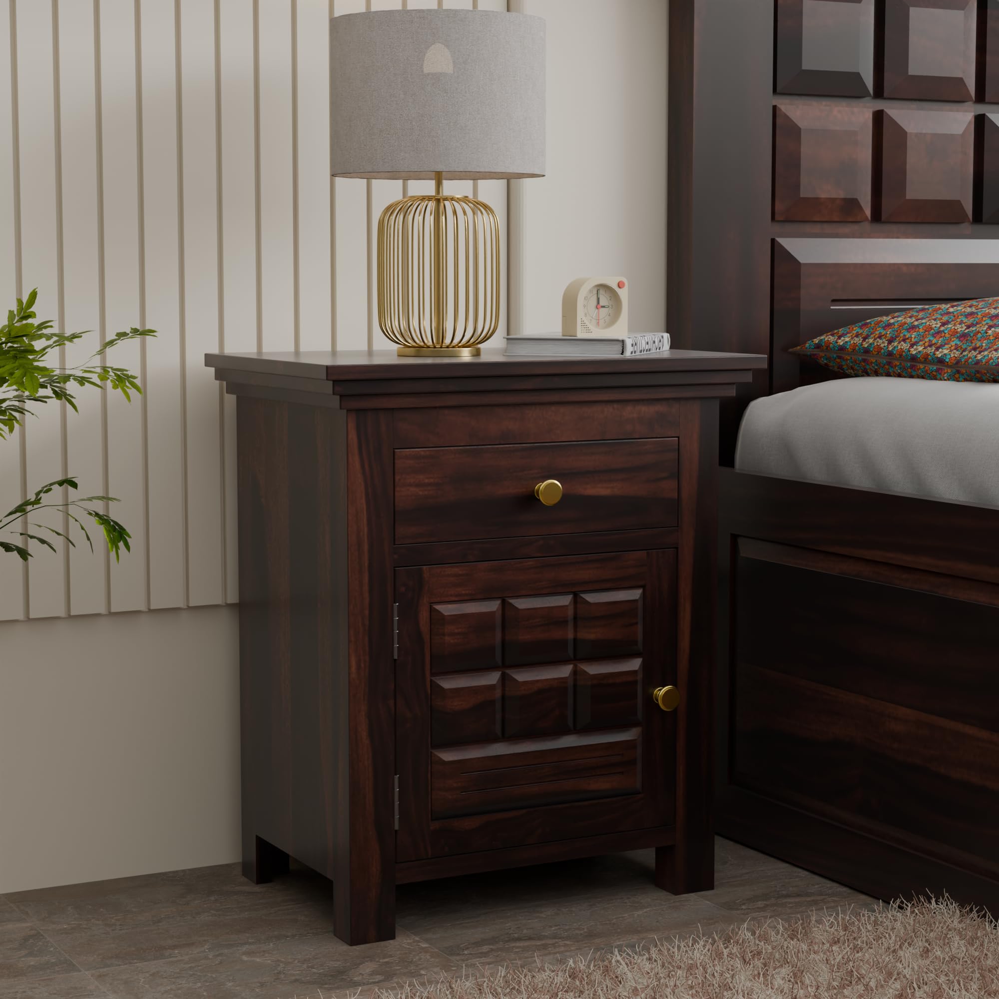 71oQgbMlML.jpg TreeWalley Solid Sheesham Wood Bedside Table with 1 Drawer & 1 Door Storage - Image 1