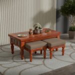 TreeWalley Solid Sheesham Wood Center Coffee Table with 2 Cushioned Stools